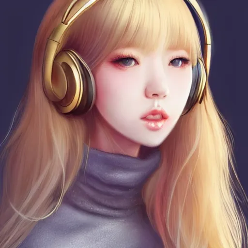 Image similar to realistic beautiful gorgeous natural cute Blackpink Lalisa Manoban blonde hair cute fur blonde cat ears wearing headphones outfit golden eyes artwork drawn full HD 4K highest quality in artstyle by professional artists WLOP, Taejune Kim, Guweiz, ArtGerm on Artstation Pixiv