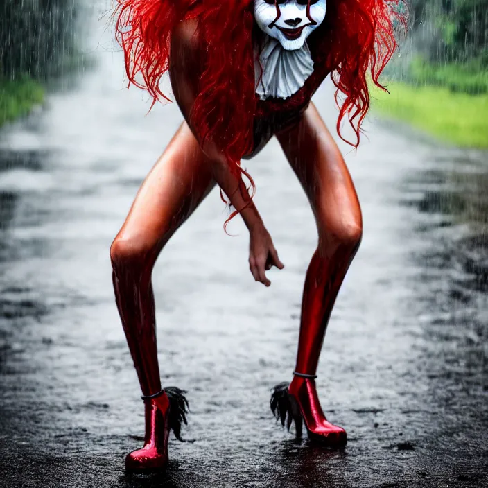 Image similar to fully body pose, photo of a very beautiful!! victoria secret model, pennywise, wet hair, raining, 8 k, hdr, smooth, sharp focus, high resolution, award - winning photo, trending on artstation, dslr, 5 0 mm