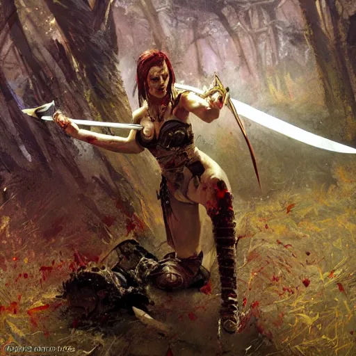 Image similar to a warrior woman with a stunning sword, dead zombie on ground, by craig mullins _ w 7 0 0