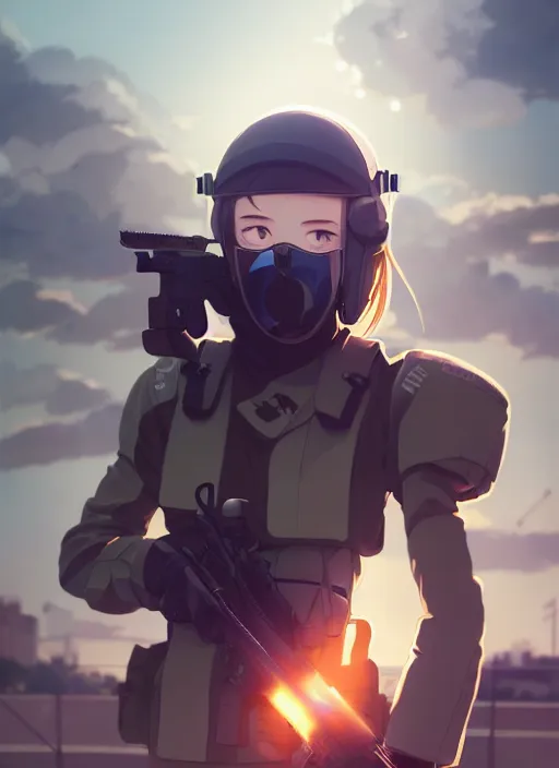 Prompt: a speedqb player girl, softair arena landscape, illustration, concept art, anime key visual, trending pixiv fanbox, by wlop and greg rutkowski and makoto shinkai and studio ghibli and kyoto animation, symmetrical facial features, dye i 5 mask, colorful airsoft gun, sports clothing, military carrier rig, realistic anatomy