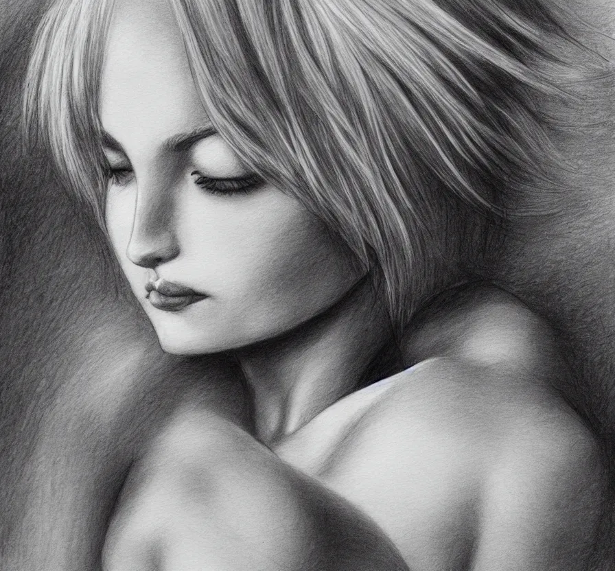 Prompt: alone woman + white hair + in nature + watching on sky + posing, photo, detail body,, pencil drawing, pencil, black, sketch, on paper, realistic, detailed, artstation