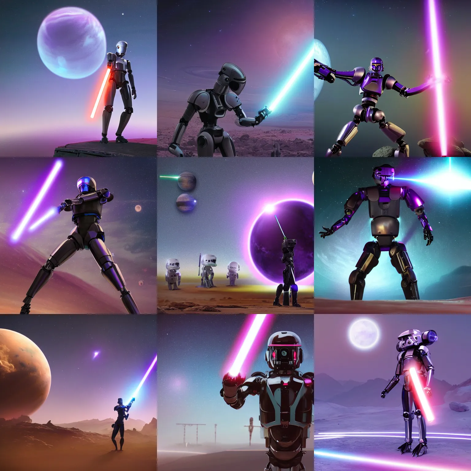 Prompt: humanoid robot wielding lightsaber in front of a violet planet in the sky, unreal engine, featured on cgsociety, trending on artstation, detailed, scifi futuristic character concept, simon stalenhag, movie still, octane render, hubble telescope, violet planet, stars, hyperrealistic, cinematic, by weta digital, epic action pose, fighting stance