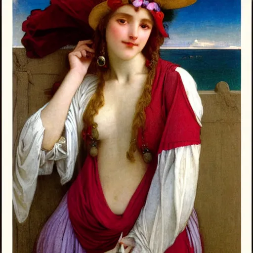 Image similar to A girl with jester hat and clothes on the front of a Balustrade with a beach on the background, major arcana clothes, by paul delaroche, alphonse mucha and arnold böcklin arnold böcklin hyperrealistic 8k, very detailed