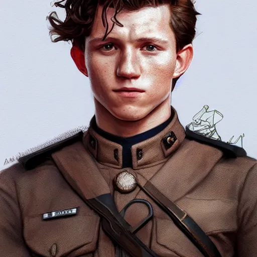 Image similar to Portrait of Tom Holland as a military officer, intricate, headshot, highly detailed, digital painting, artstation, concept art, sharp focus, cinematic lighting, illustration, art by artgerm and greg rutkowski, alphonse mucha, cgsociety