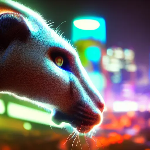Prompt: closeup profile shot of a neon electric cheetah, city lights, strong bokeh, dramatic, cinematic, high contrast, octane render, cgsociety, 4k