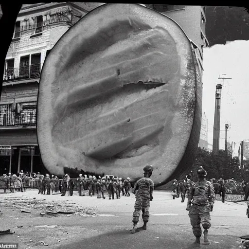 Prompt: The giant watermelon was finally stopped when it ran into a building that was too strong for it to destroy. It was cornered and had nowhere to go. The military was able to contain it and eventually destroy it. Cinematic