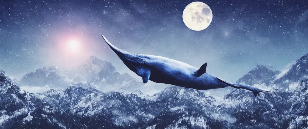 Image similar to blue whale flying in sky, above mountains, concept art, snow, starry sky, nighttime, full moon