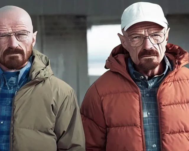 Image similar to Walter White wearing a puffer jacket and a baseball cap, movie still, realistic