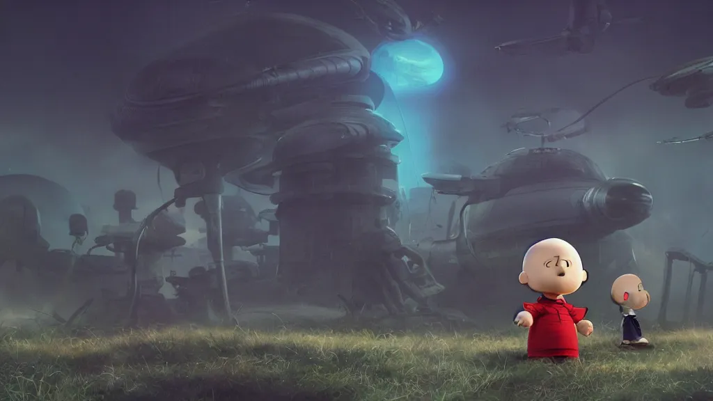 Prompt: charlie brown guest stars in lucasfilms latest sci - fi thriller, hyperrealistic, alien, spaceships, action movie, technicolor, rendered in octane, by yuumei, bayard wu, wlop, tim white, ross tran, 4 k