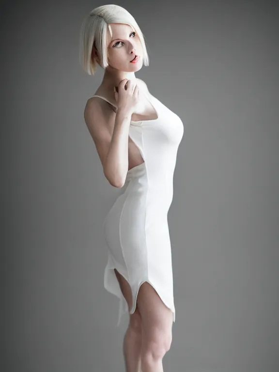 Prompt: photo of gorgeous seductive tall emily skinner cosplaying annie leonhart wearing open toe heels, wearing tight white dress, in a white room, beautiful face, pale skin, rule of thirds, cinematic lighting, sharp focus, backlit, stunning, smooth, hard focus, full body shot, studio photo, shot on sony a 7 iii