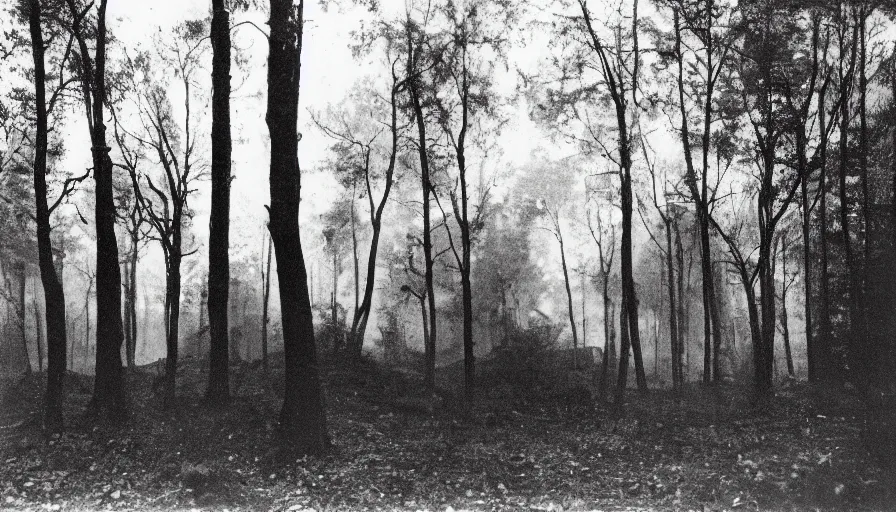 Prompt: photo of 19th century dark noir mine in the forest by Diane Arbus and Louis Daguerre