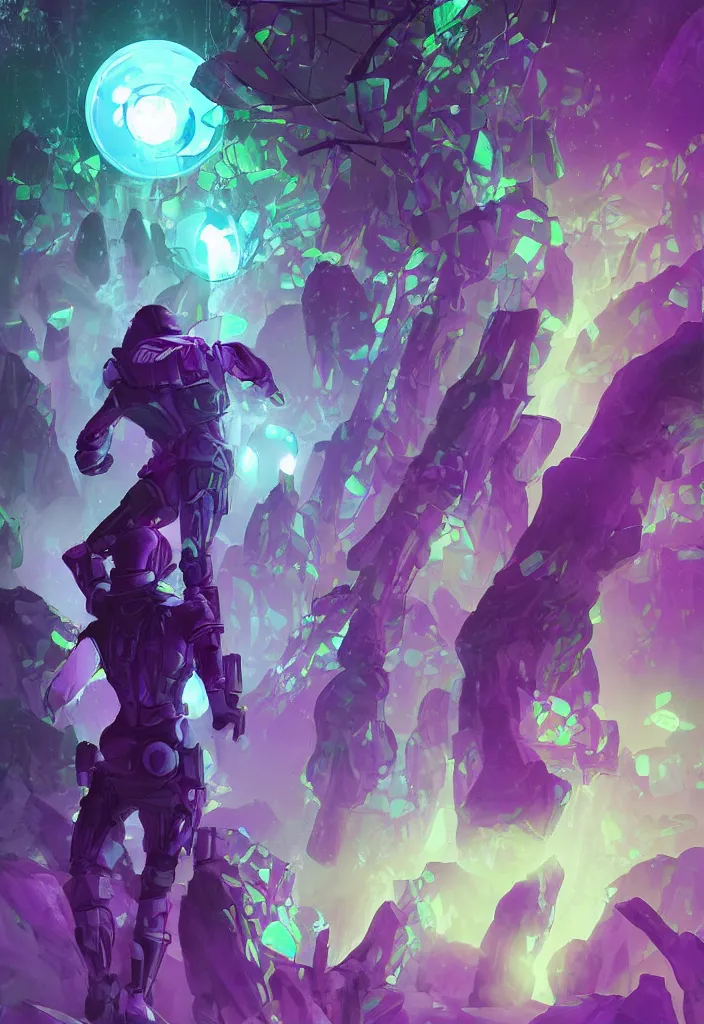 Prompt: A digital painting comic book cover of an android with glowing gloves and boots with back to the camera in a forest, looking up at a tower of crystals and geodes glowing in the fog, skeletons lay on the ground beside him, forced perspective,cinematic, stylized, purple and green