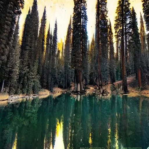 Image similar to a mirror lake in a forest of blue sequoia trees, lush, with mountains and hills and cliffs and towns full moon, dark clear sky with stars, light blue sparking and glowing dust in the wind. fantastic, mystical, glow