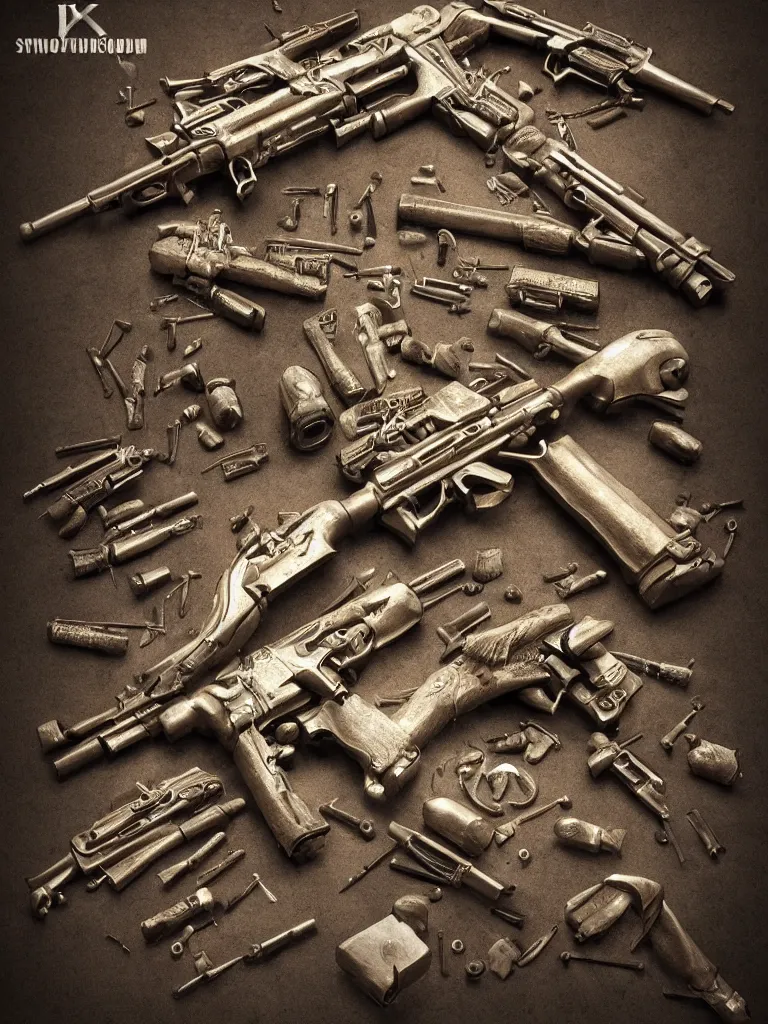Image similar to carving sculpture of machine guns shotguns rifles revolvers bullets, in a dark room, dark vintage paperback cover, ultrarealistic, intricate details, kitbash, cinema4d, concept art 4k