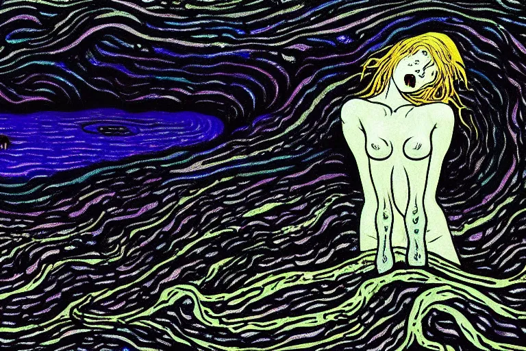 Prompt: despair, drowning, loneliness. collapsing into spiral oblivion, the weeping visage of a longing dreamer in desolation. cosmic void, abyssal ocean depths, vibrant darkness, by jackson pollock and edvard munch and rebecca guay and carl critchlow. moody, murky. glimmering hopes last gasp in the endless waters. gouache painting.