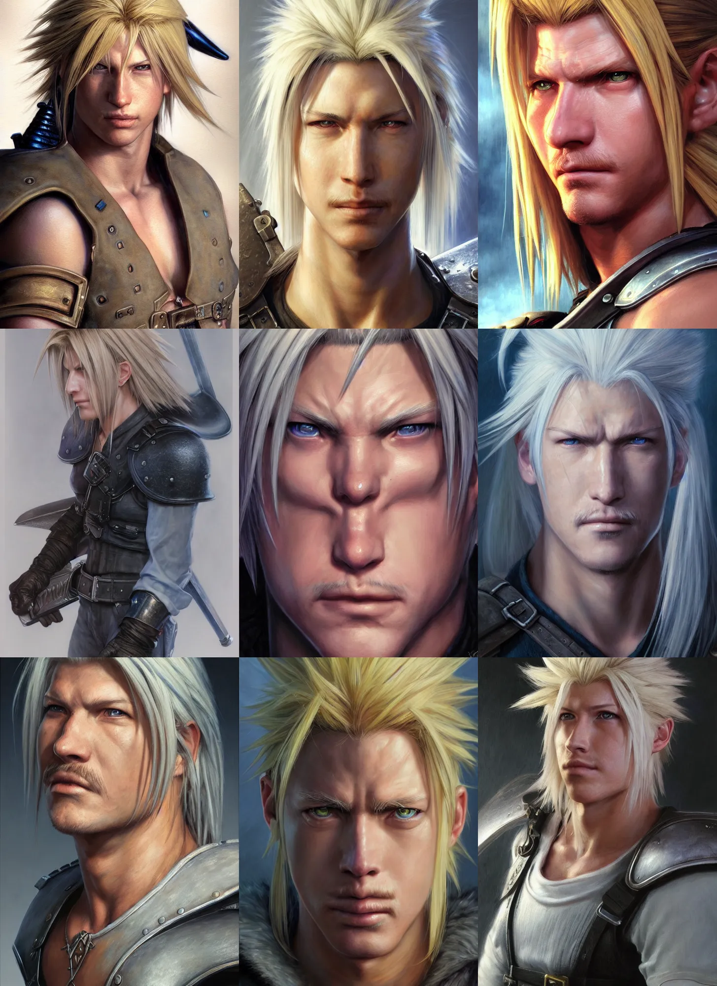 Prompt: a face portrait of cloud from final fantasy 7, serious, realistic, style by donato giancola, wayne reynolds, jeff easley dramatic light, high detail, cinematic lighting, artstation, dungeons and dragons