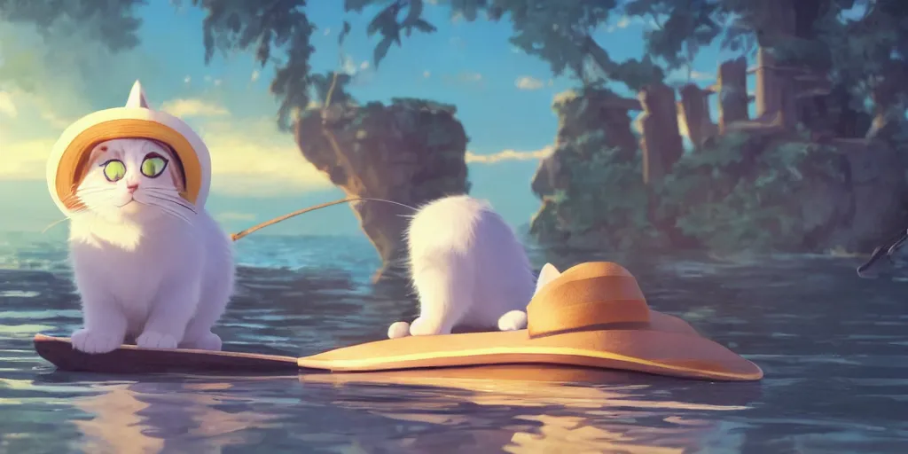 Image similar to a wholesome animation key shot of a cute cat on a fishing boat wearing a sunhat, studio ghibli, pixar and disney animation, sharp, rendered in unreal engine 5, anime key art by greg rutkowski, bloom, dramatic, dynamic lighting