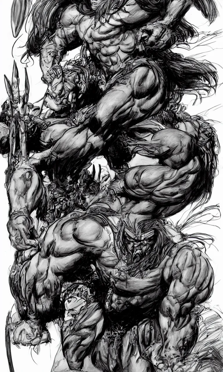 Image similar to digital detailed pianting drawing of conan by simon bisley and john buscema, unreal engine 5