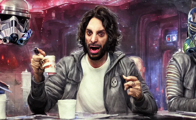 Prompt: an accurate realistic star wars watercolor fantasy concept art of a drug dealer that looks like chris d'elia yelling angrily in a sleazy futuristic bar of coruscant, hq, 4 k