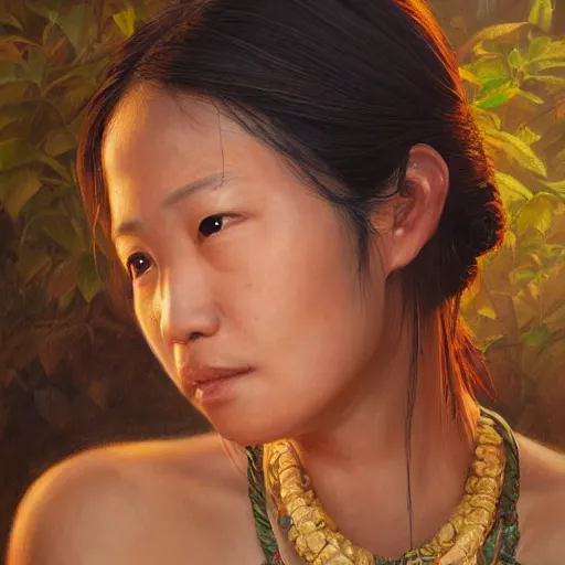 Image similar to portrait of a pancah woman ( 3 5 ) from taiwan in 2 0 2 1, an oil painting by ross tran and thomas kincade