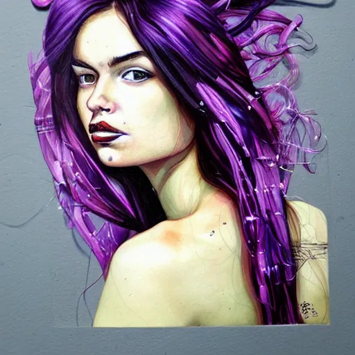 Image similar to very very cute portrait of beautiful woman with long purple hair by Sandra Chevrier