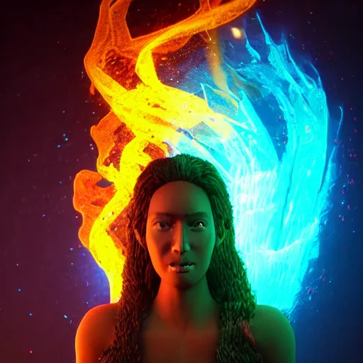 Image similar to Portrait of Pele, the Hawaiian fire goddess, rendered in unreal engine, rendered in octane render, rendered in blender, unreal engine, octane, blender, dark studio lighting, bright, glowing aura, vividly beautiful colors, bioluminescence, bioluminescent lighting, volumetric lighting