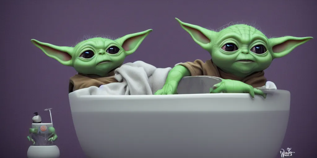 Image similar to Baby Yoda sitting in a tub taking a bubble bath, hyperdetailed, artstation, cgsociety, 8k