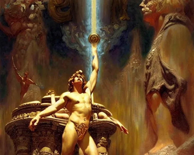 Image similar to the god jupiter sits in judgement over all of mankind, painting by gaston bussiere, craig mullins, j. c. leyendecker