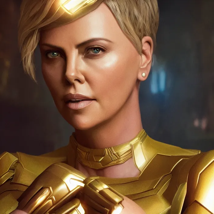 Prompt: portrait of ((Charlize Theron)), wearing The Infinity GAUNTLET. THANOS SNAP. intricate artwork. octane render, trending on artstation, very coherent symmetrical artwork. avengers. thanos. cinematic, hyper realism, high detail, octane render, 8k, iridescent accents