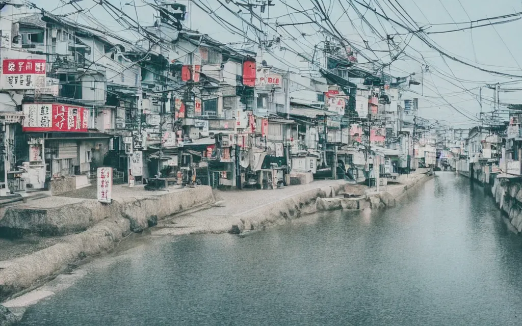 Image similar to a japanese city near the sea, lofi inspiration, dreamy, moody