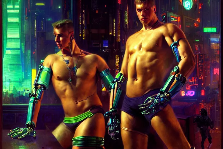 Image similar to cyberpunk style, attractive muscular male with tattoo, robotic arm, neon lights, cool tint, painting by gaston bussiere, craig mullins, j. c. leyendecker, tom of finland