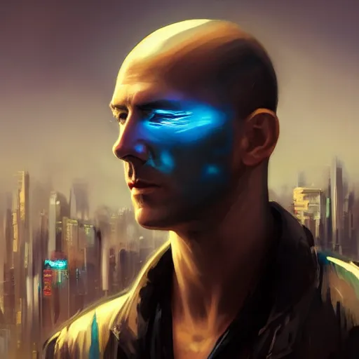 Image similar to cyberpunk, armitage, closeup portrait of a stoic ex soldier with a battlescar and light blue eyes, brown buzzcut, cyborg, dramatic light, city background, sunset, dystopian setting, high contrast, sharp, neuromancer, painted by stanley lau, painted by greg rutkowski, painted by stanley artgerm, digital art, trending on artstation