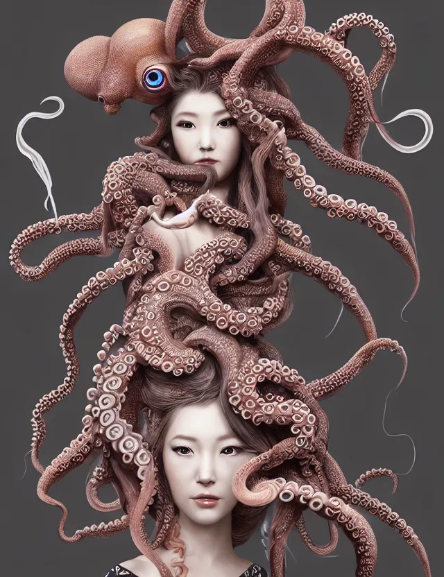 Image similar to 3 d goddess octopus half - turn portrait with long hair with ram skull. beautiful intricately detailed japanese crow kitsune mask and clasical japanese kimono. betta fish, jellyfish phoenix, bio luminescent, plasma, ice, water, wind, creature, artwork by tooth wu and wlop and beeple and greg rutkowski