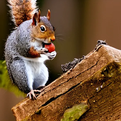 Prompt: a squirrel placing a nut in a crack of an ice cube photograph