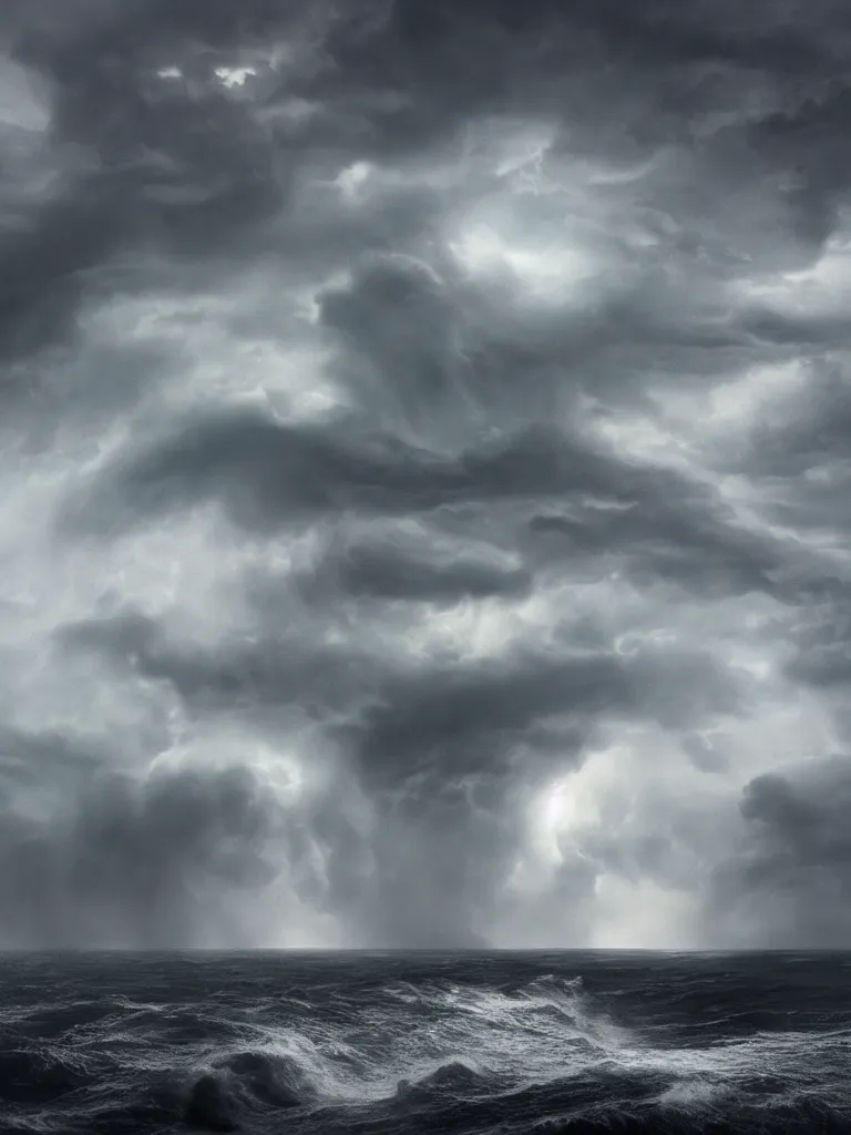 Prompt: Cthulhu rising from a stormy sea, towering over the coastline during a thunderstorm, dramatic, ominous clouds, ground mist, featured on artstation, 4k