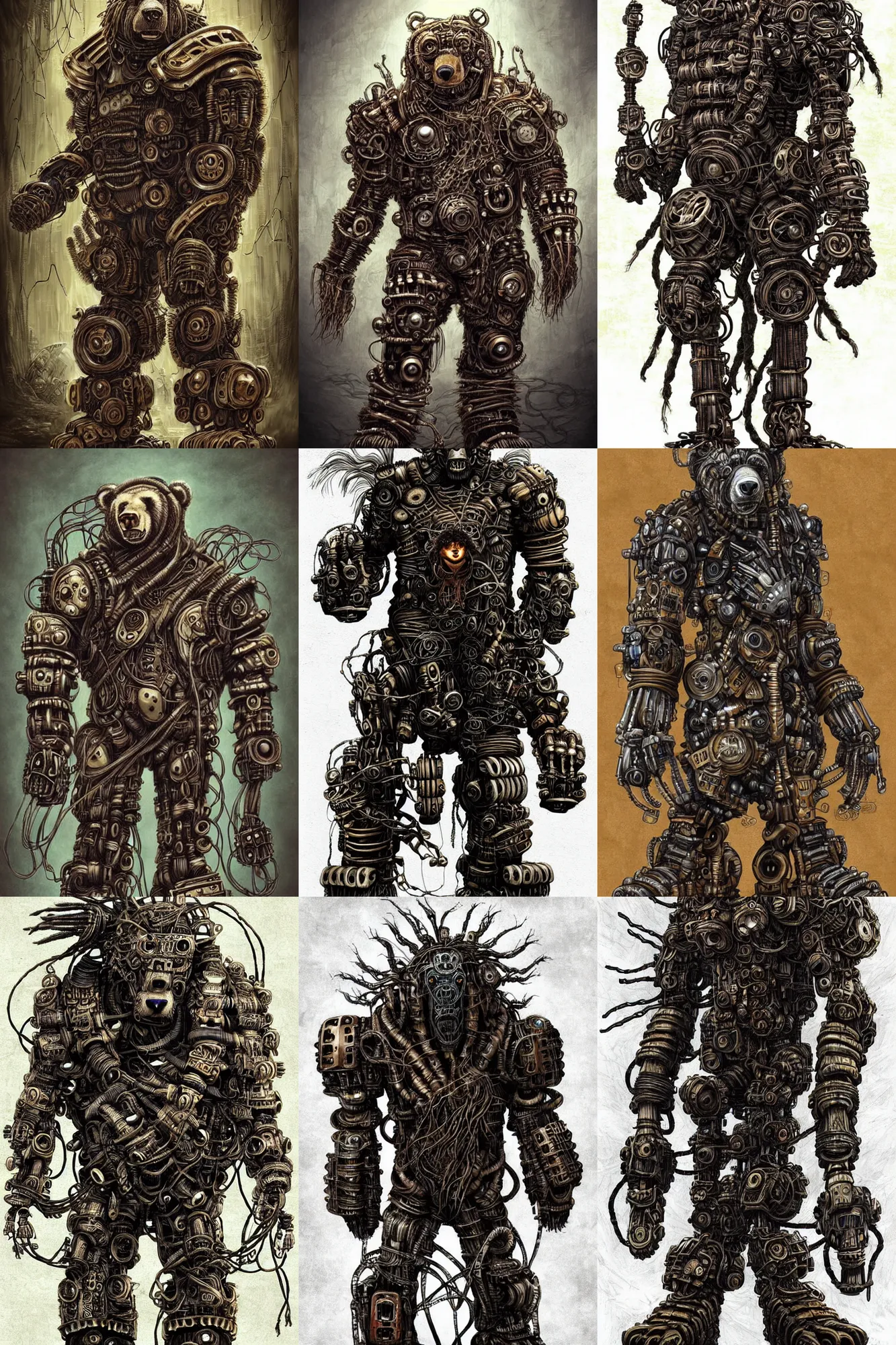 Prompt: wild monstorous anthropomorphic biomechanical bear warrior wearing dreadlocks made of cables and wires cyberwares. huge, big, giant bear human hybrid, mecha animal, tall, detailed woodcut armor, terrifying and dangerous, scary, beautiful, steampunk monster amdroid hybrid art portrait, matte scifi fantasy painting, half robot half bear. DeviantArt Artstation, by Jason Felix by Steve Argyle by Tyler Jacobson by Peter Mohrbacher, cinematic lighting