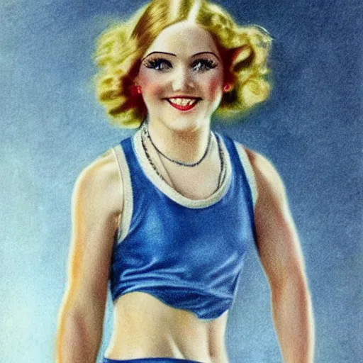 Prompt: a 1 9 2 0 s ultra - realistic color portrait. happy, healthy, beautiful, smiling, young, sporty, blonde, blue - eyed symmetric woman in decent athletic wear. hyper - realistic detailed drawing