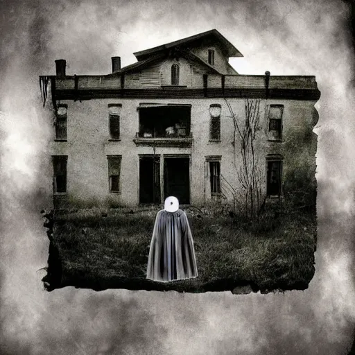 Prompt: picture of ghosts inside a creepy old house surrealism, surrealism album cover