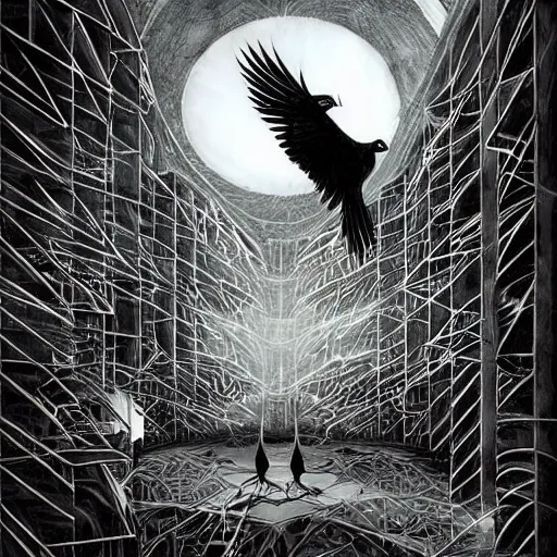 Image similar to crows at a architectural complex with an occult witch by Android Jones and M. C. Escher collaboration, futurist, digital art, dramatic lighting, symbolic