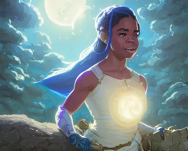 Prompt: highly detailed portrait of regina hall as a moon goddess in breath of the wild, stephen bliss, unreal engine, fantasy art by greg rutkowski, loish, rhads, ferdinand knab, makoto shinkai and lois van baarle, ilya kuvshinov, rossdraws, tom bagshaw, global illumination, radiant light, detailed and intricate environment