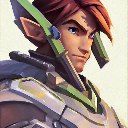 Image similar to greg manchess portrait painting of armored link from legend of zelda as overwatch character, medium shot, asymmetrical, profile picture, organic painting, sunny day, matte painting, bold shapes, hard edges, street art, trending on artstation, by huang guangjian and gil elvgren and sachin teng