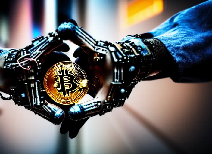 Prompt: mechanical cyberpunk hand holding a bitcoin between two fingers. centered. horror cyberpunk. highly detailed 8 k. intricate. nikon d 8 5 0 3 5 mm. award winning photography.