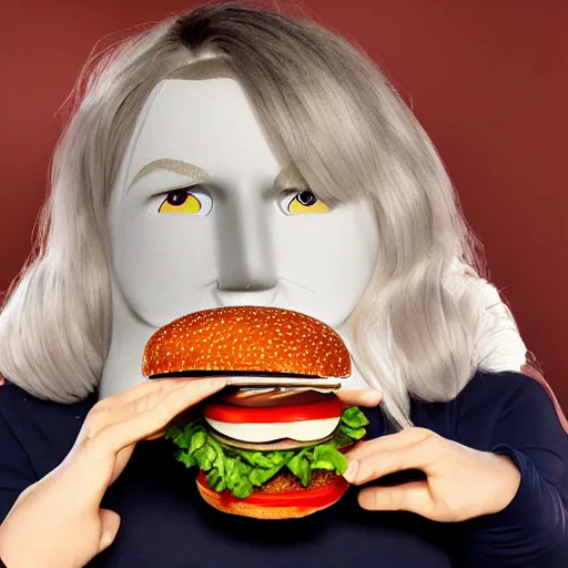 Prompt: hamburger eating people, large silicon rubber puppet hamburger, professional photography, canon lens