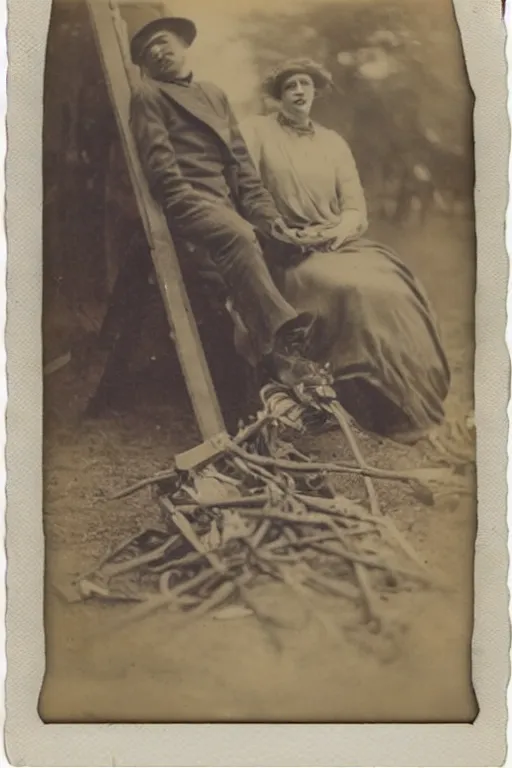 Prompt: man falling apart while a woman tries to hold the fallen parts, 1 9 1 0 polaroid photo