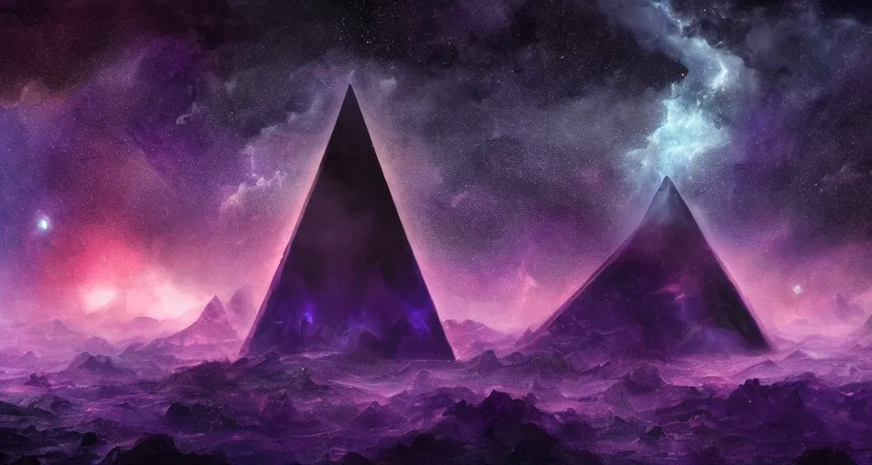 Image similar to black lovecraftian eldritch!! obsidian pyramid!! with a man standing, black desert, cosmic purple space!, bright stars, nebula, sky background by eugene von guerard, ivan shishkin, night, cosmic brightly purple space stars, concept art, trending on artstation, 8 k