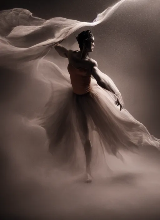 Image similar to a Photorealistic dramatic hyperrealistic render of a glamorous beautiful Female smoke dancer by Ken Brower and Deborah Ory of NYC Dance project,Lois Greenfield,Flowing cloth and smoke,Beautiful dynamic dramatic dark moody lighting,volumetric,shadows,cinematic atmosphere,Octane render,8K