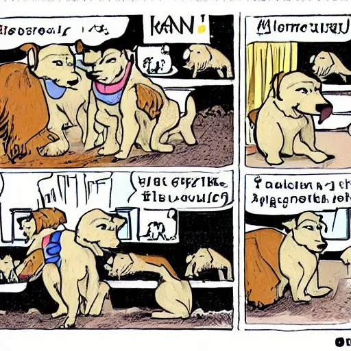 Prompt: eastern european cartoon strip of a miserable unlucky dog