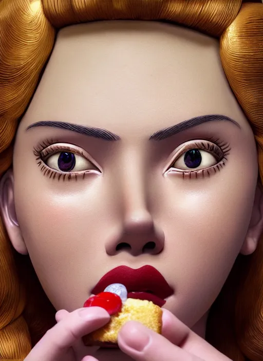 Image similar to closeup portrait of tin toy scarlett johansson eating cakes, depth of field, zeiss lens, detailed, symmetrical, centered, fashion photoshoot, by nicoletta ceccoli, mark ryden, lostfish, earl nore, hyung tae, frank frazetta, breathtaking, 8 k resolution, extremely detailed, beautiful, establishing shot, artistic, hyperrealistic, octane render