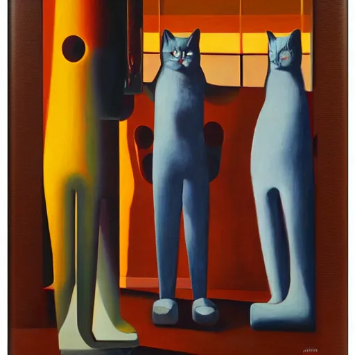 Image similar to three brutalist feline robots portrait, grant wood, pj crook, edward hopper, syd mead, oil on canvas