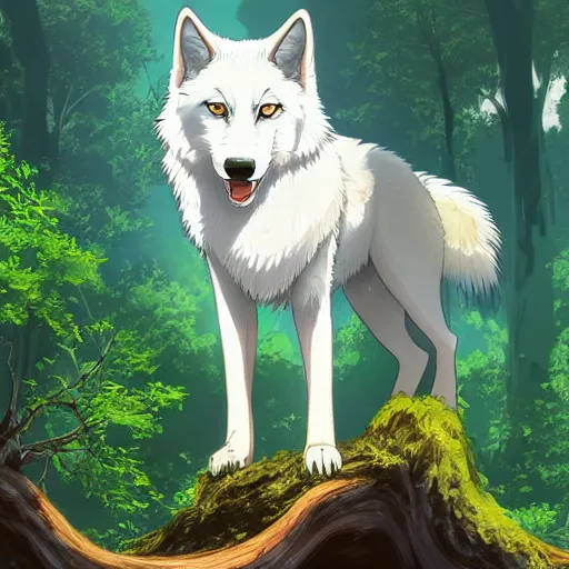 Image similar to highly detailed digital art of a magestic white wolf standing on an overgrown fallen tree trunk, lush surroundings, sunshine, kimi no na wa, trending on artstation, tranquil